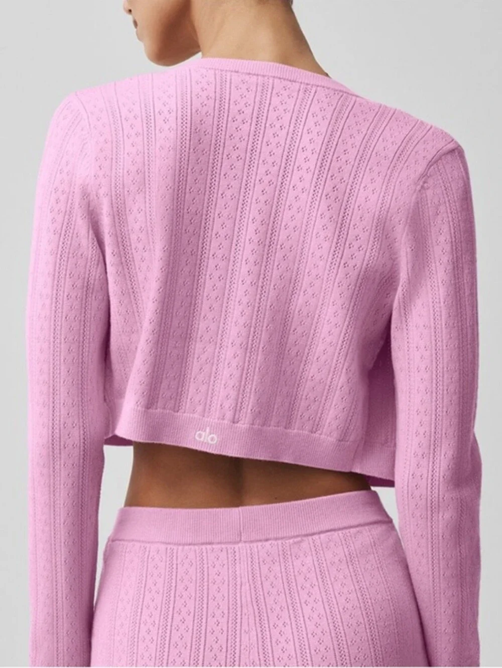 ALO Yoga Pointelle Sweater Be Mine Cardigan Candy Heart Pink Size XS